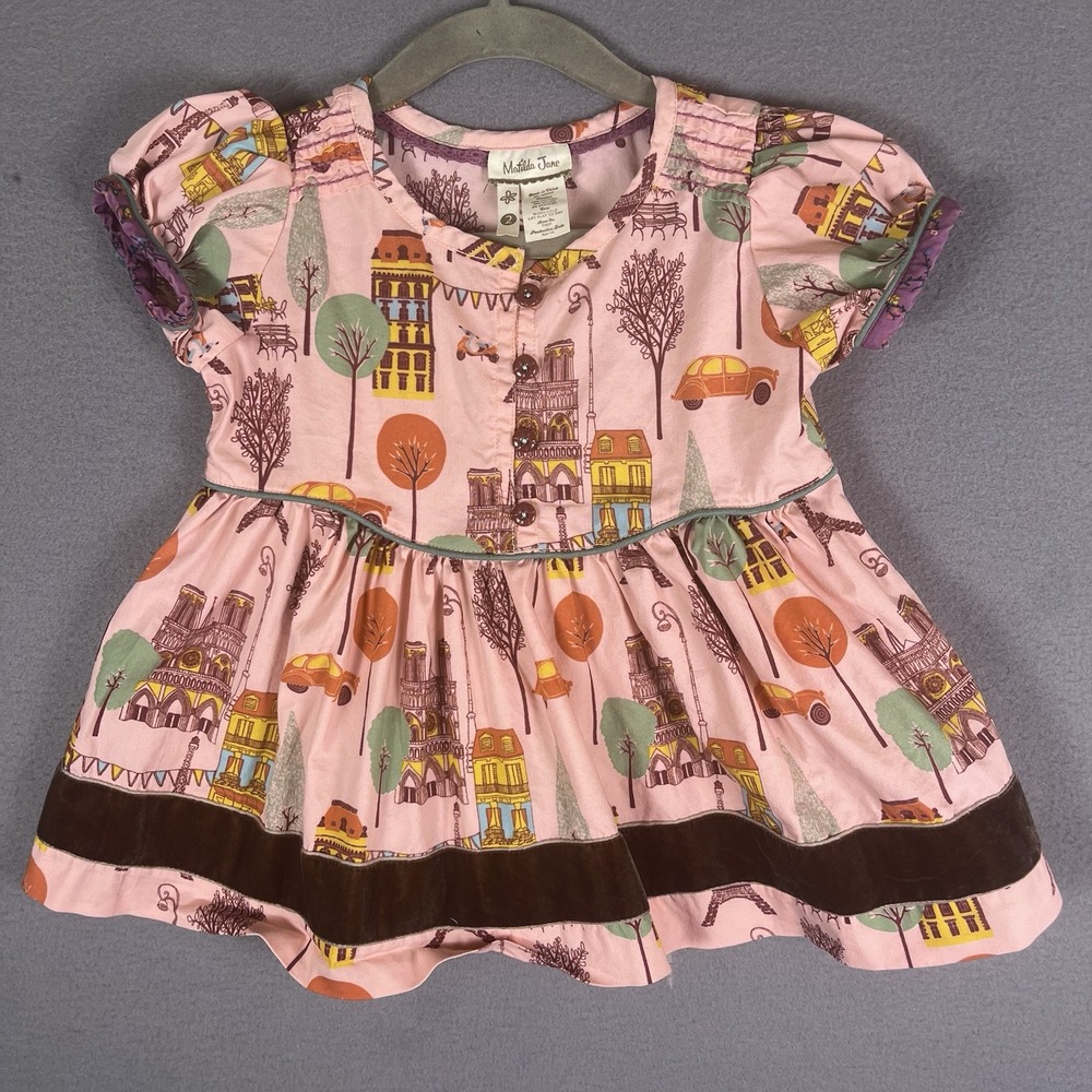 Matilda Jane Girls Pink Paris Cityscape Print Dress Size 2 Eiffel Tower Velvet